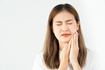 Asian woman feel toothache from gingivitis, female suffer tooth, decay problems, dental care. sensitive tooth, decay problem, bad breath, Gingival Recession, Oral Hygiene instruction, tooth extraction