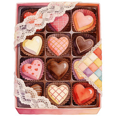 A beautifully decorated box of heart-shaped chocolates, perfect for a romantic gift, adorned with delicate lace and pastel hues.