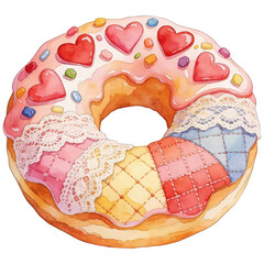 A delightful watercolor donut with pink icing adorned with heart-shaped candies and intricate patchwork.
