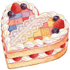 A charming heart-shaped cake, adorned with vibrant berries, delicate lace, and artistic pastry work, evokes feelings of romance and delight.