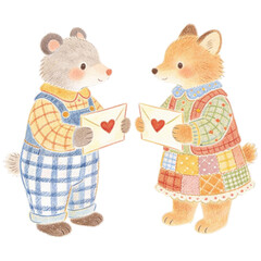 An adorable bear and fox exchange heart-filled love letters, a heartwarming illustration celebrating affection and friendship.