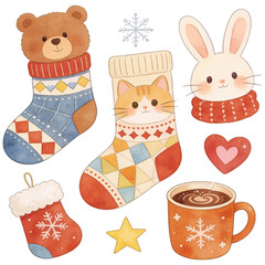 Charming and festive watercolor elements featuring a cuddly bear, cute cat, and adorable bunny. Adorned with socks and heart decorations, alongside a snowflake. A cozy.