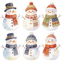 A whimsical collection of charming snowmen dressed in cozy winter attire. Each snowman showcases unique and festive designs, embodying the holiday spirit. 