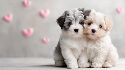 Two adorable dogs in love against a background of hearts. A romantic concept for Valentine's Day greeting cards.
