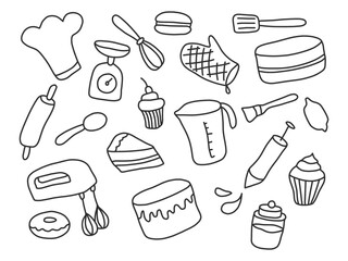 Hand Drawn Baking Tools Icons Set. Baking and Cooking Doodle Icons Collection