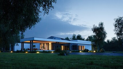 Modern architectural rendering of a contemporary residential structure at dusk