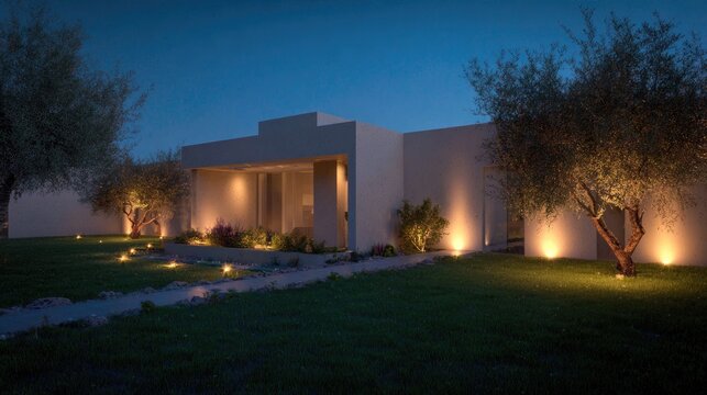 Modern house illuminated at night with uplighting and landscaping
