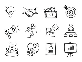 Hand Drawn Business Icons Set. Business and Startup Doodle Icons Illustration