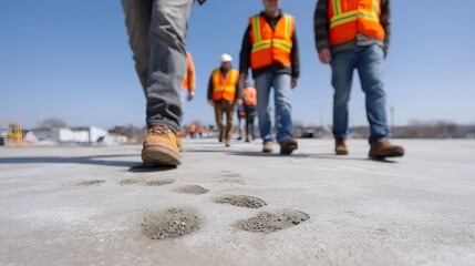 Construction workers leave footprints on fresh concrete under a clear blue sky