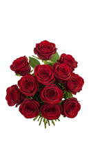 Obraz premium Top view of black baccara rose flower bouquet PNG. Bunch of deep burgundy blooms with green leaves. Dark red floral decoration for elegant gift isolated
