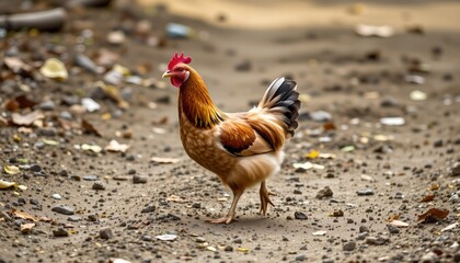 Fototapeta premium The image depicts a single rooster standing on a sandy surface scattered with small rocks, debris, and leaves