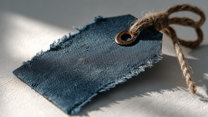 レトロな布タグが机に斜め置きされたプロップ