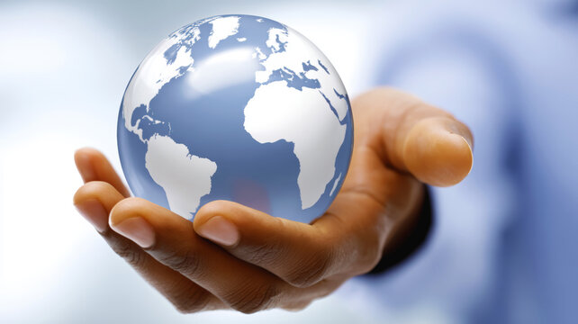 Professional Hand Cradling Holographic Globe Showcasing Global Digital Network and International Connectivity Solutions - Powered by Adobe
