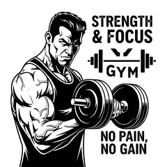 &ldquo;Stylized monochrome illustration of a bodybuilder lifting weights, intense focus, shadowed facial features, clean gym logo aesthetic, bold typography.&rdquo;