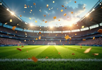 football arena with green grass field and blurred fans at playground view. Concept of outdoot sport, football, championship, match, game space