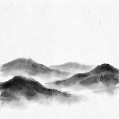 Oriental Ink Painting Mountains, Misty Asian Landscape Illustration