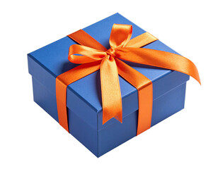 Obraz premium A square blue gift box, tied with an orange ribbon, perfect for celebrations