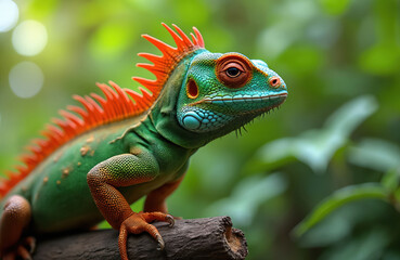 Fototapeta premium Vibrant green iguana with red spikes sits on tree branch. Reptile has detailed scales, orange feet, and shows its colourful skin in a jungle environment.