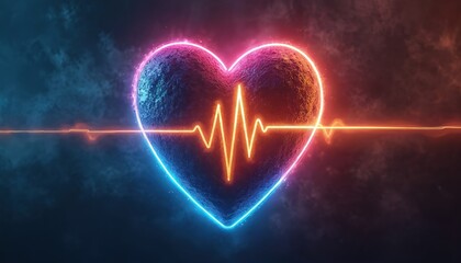 Glowing heart shape with neon pulse line and textured surface. Vibrant blue and pink light emanates from center, against dark smoky background. Abstract symbol of life, health, and vitality.