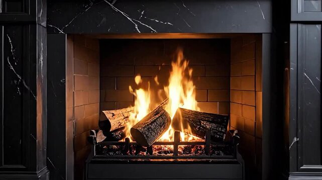 Elegant fireplace with burning logs, creating a warm and cozy atmosphere in a home.