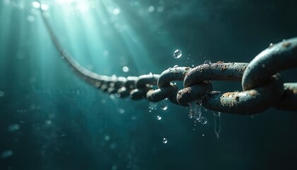 Underwater metallic chain rusty links submerged deep in dark blue ocean water. Sun rays shine through water surface creating light beams. Bubbles rise from chain.