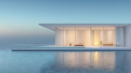 Modern minimalist waterfront home design with pool and reflective water surface