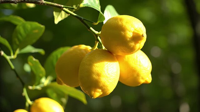 Fresh Lemon Tree: Close-up View of Ripe Lemons Hanging on Branches in Sunlight