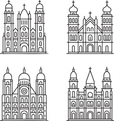 Fototapeta premium Set of Cathedral church Outline vector illustration isolated On Transparent Background