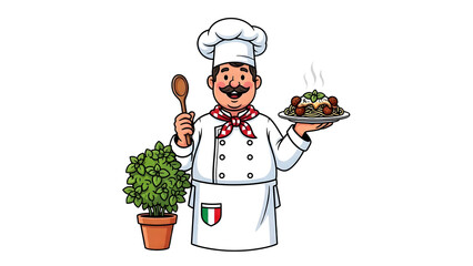 Cartoon Chef with Spaghetti and Meatballs