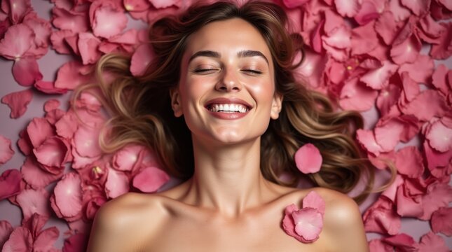 European woman having orgasm. Beautiful woman with open mouth and closed eyes enjoying sex lying among rose petals. Sexual experience, getting sexual pleasure, masturbation, cunnilingus.
