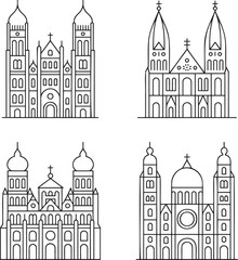 Naklejka premium Set of Cathedral church Outline vector illustration isolated On Transparent Background