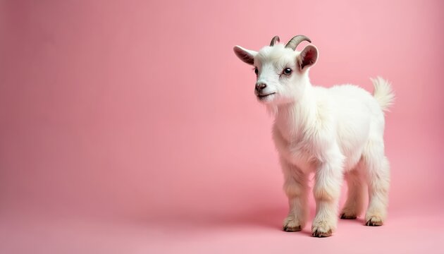 Small white pygmy goat stands on pink studio background. This fluffy animal poses with small horns. Cute young farm animal looks curious and playful. This kid is adorable.