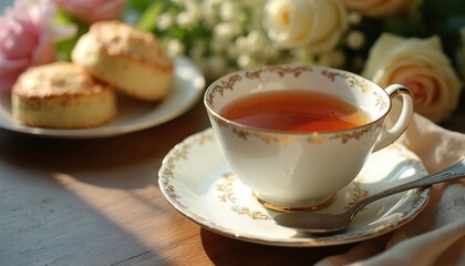 Elegant porcelain teacup holds amber Earl Grey brew. Two golden scones sit on white plate. Roses and white flowers complete refined tea time setting.