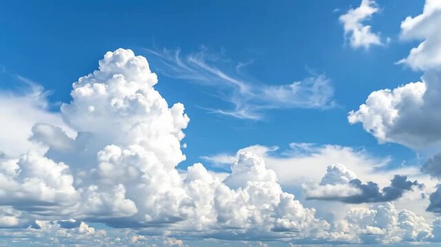 Fluffy white clouds float peacefully in a bright blue sky on a sunny day.