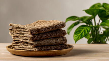 Photo of a stack of brown burlap towels on a wooden plate, against a white background with copy space for text or design, and a natural green plant in the corner