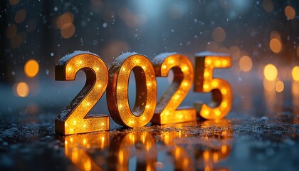 Golden illuminated numbers 2025 sit on wet reflective surface with light bokeh background. Snow falls gently on numerals creating winter holiday atmosphere. Celebrate new year.
