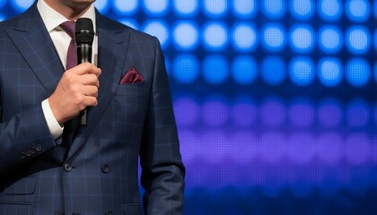 Professional man holding microphone on stage at business conference or corporate event with vibrant blue background copy space.