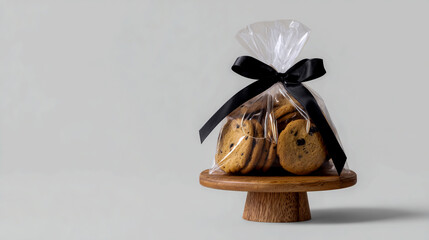 Photo of a transparent plastic bag with cookies tied by a black ribbon on a wooden stand, against a white background