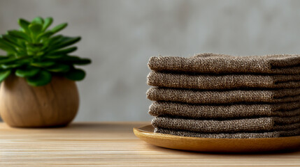 Photo of a stack of brown burlap towels on a wooden plate, against a white background with copy space for text or design, and a natural green plant in the corner