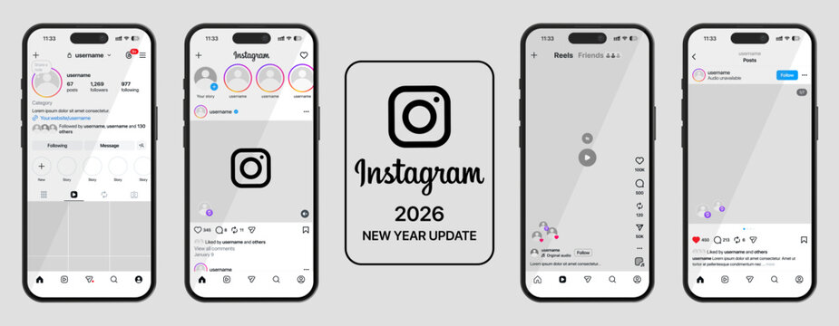 instagram ui mockup 2026 update, template including, Profile, Home page, post, reels, transparent and green screen layout pages, shown on iPhone 17 Pro with logo