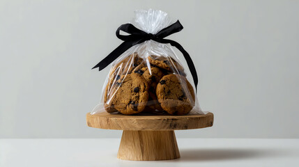 Photo of a transparent plastic bag with cookies tied by a black ribbon on a wooden stand, against a white background