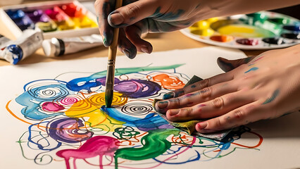 Close up of hands covered in watercolor paint creating abstract shapes on paper in art studio.