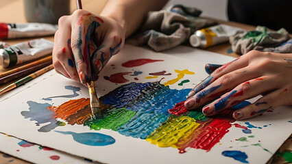 Close up of hands covered in watercolor paint creating abstract shapes on paper in art studio.