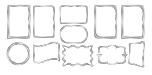 Fototapeta premium Silver Glossy Frame Collection with Rounded and Abstract Shapes on White Background