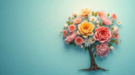 Obraz premium Human brain with flowers, tree, self care and mental health concept, positive thinking, creative mind, healthy slow life. Well Being, wellness mind banner template for landing page