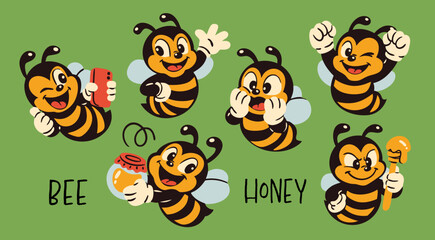 Cute funny Bees with hands, wings. Retro style mascot characters in different poses, various emotions. Hand drawn Vector illustration. Isolated design elements. Sticker, icon, print templates