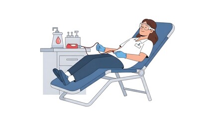 Illustration of a nurse in protective gear assisting a blood donor in a medical reclining chair