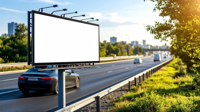 Blank billboard on the side of a busy highway with traffic and city in the distance.