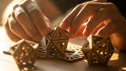 Close up of hands assembling a complex geometric wooden puzzle with warm sunlight on table