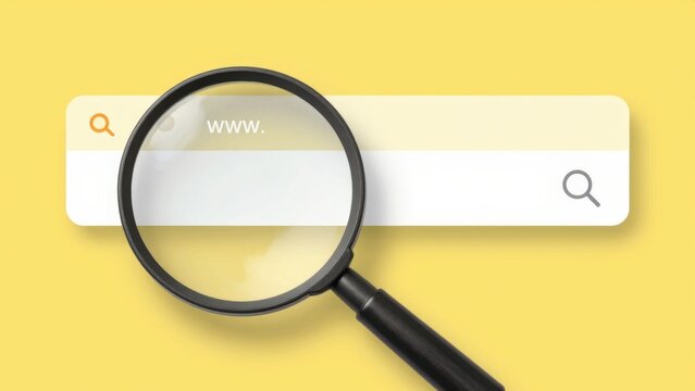 Searching, Magnifying glass, Web browser, Blank search bar on yellow background, Search Bar for UI, Finding work on www, Find ideas as a reference 
